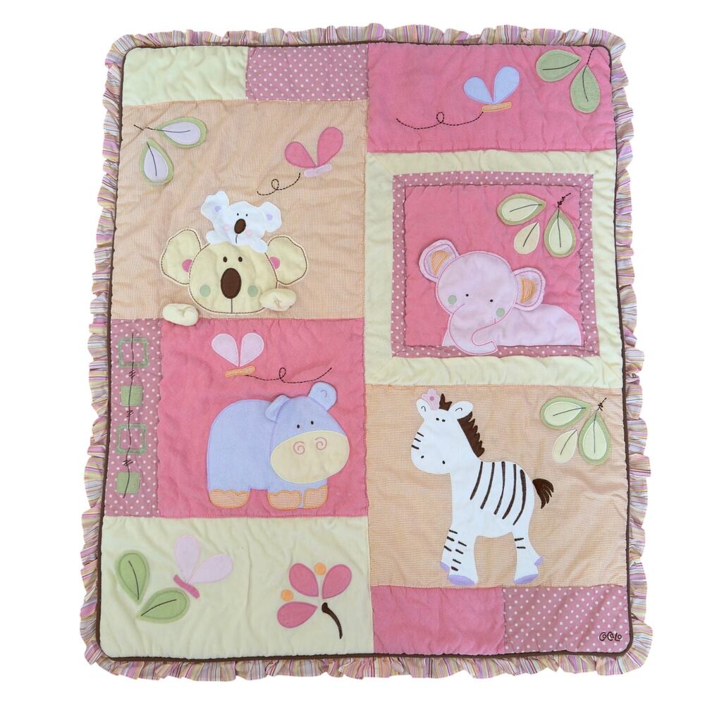 CoCaLo Pink Safari Jungle Animals Baby Crib Quilt Blanket Zebra Elephant Hippo